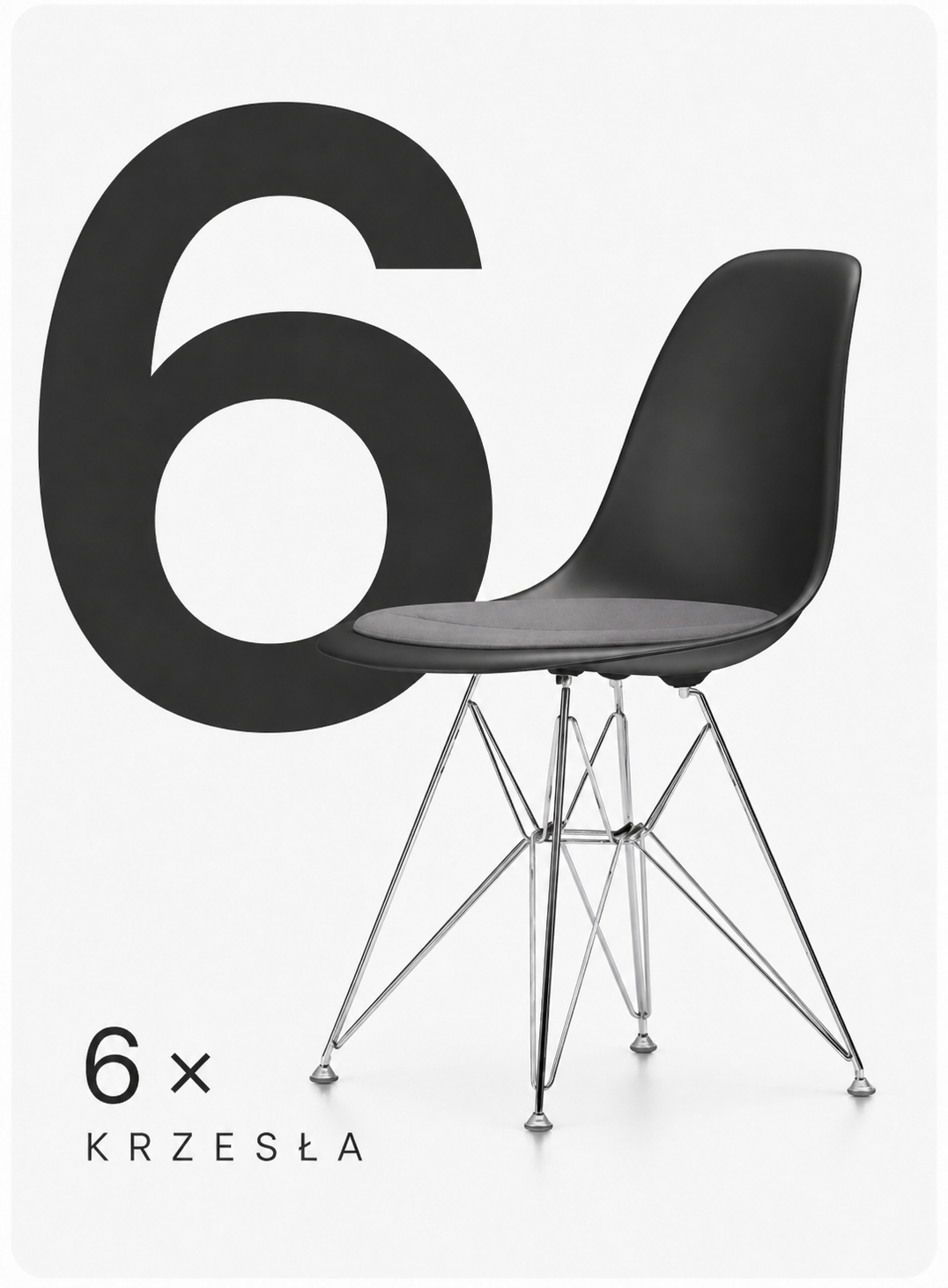 6 krzeseł Eames Plastic Chair siedzisko tapicerowane nogi chrom.png